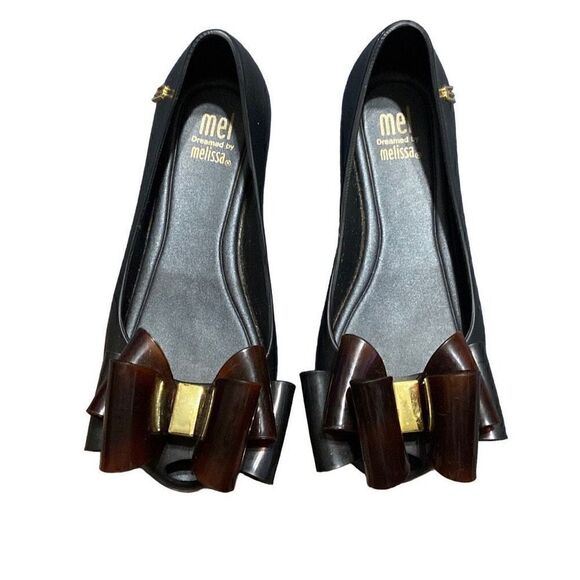 Mel Dreamed by Melissa Black Ballet Flat Tortious Shell Bow Size 12 Girls - Picture 2 of 6